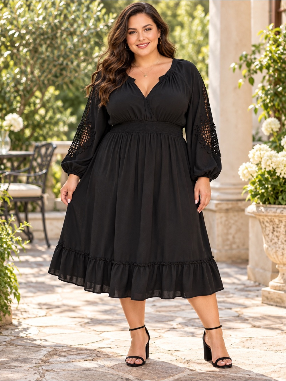 BloomChic Black Midi Dress with Crochet Sleeve Detail
